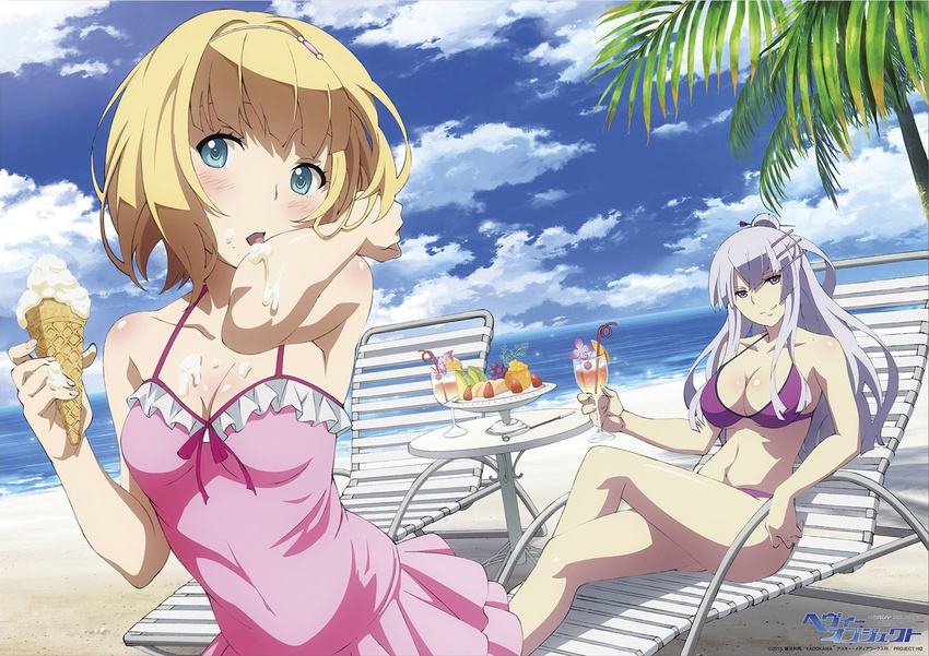 artist_request bangs beach bikini blonde_hair blue_eyes blush breasts casual_one-piece_swimsuit chair cleavage cloud cocktail copyright_name crazy_straw crossed_legs cup day drink drinking_glass drinking_straw food food_on_body frilled_swimsuit frills frolaytia_capistrano fruit hair_bun hair_ornament hair_stick hairband hairclip heavy_object holding holding_cup holding_food horizon ice_cream ice_cream_cone large_breasts lavender_hair licking long_hair looking_at_viewer lounge_chair medium_breasts milinda_brantini multiple_girls navel ocean official_art one-piece_swimsuit outdoors palm_tree pink_swimsuit plate purple_bikini purple_eyes short_hair sitting sky smile suggestive_fluid sunlight swimsuit swimsuit_skirt tree tropical_drink