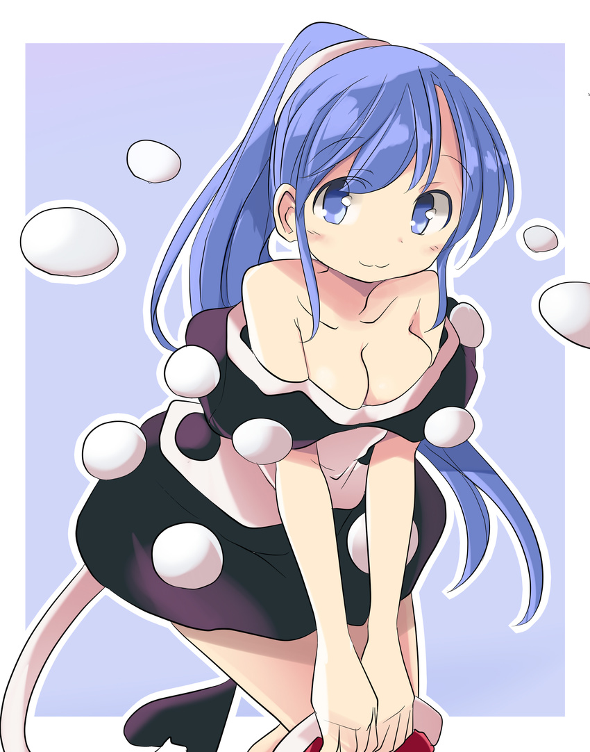 :3 absurdres alternate_hairstyle bare_shoulders black_skirt blouse blue_eyes blue_hair breasts capelet cleavage collarbone commentary_request doremy_sweet hat hat_removed headwear_removed highres long_hair medium_breasts miniskirt mukuroi off_shoulder ponytail santa_hat sidelocks skirt solo tail tapir_tail touhou very_long_hair white_blouse