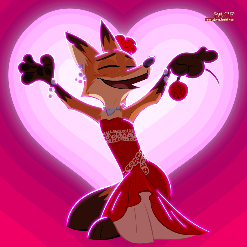 &lt;3 2017 anthro canine clothed clothing crossdressing cute digital_media_(artwork) disney fanartiguess flower fox fur happy male mammal markings nick_wilde open_mouth plant rose simple_background skirt socks_(marking) solo zootopia