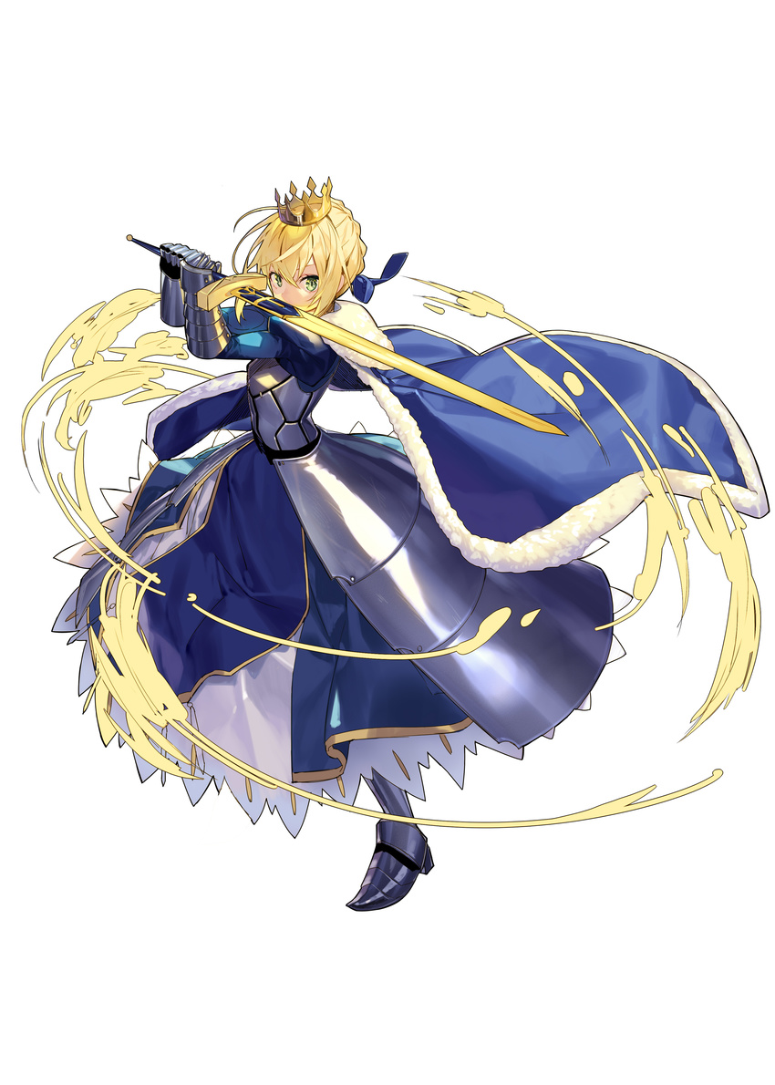 absurdres ahoge armor armored_boots armored_dress artoria_pendragon_(all) blonde_hair blue_dress blue_ribbon boots commentary_request crown dress fate/stay_night fate_(series) full_body gauntlets green_eyes highres looking_at_viewer misoni_comi ribbon saber solo sword two-handed_sword weapon white_background