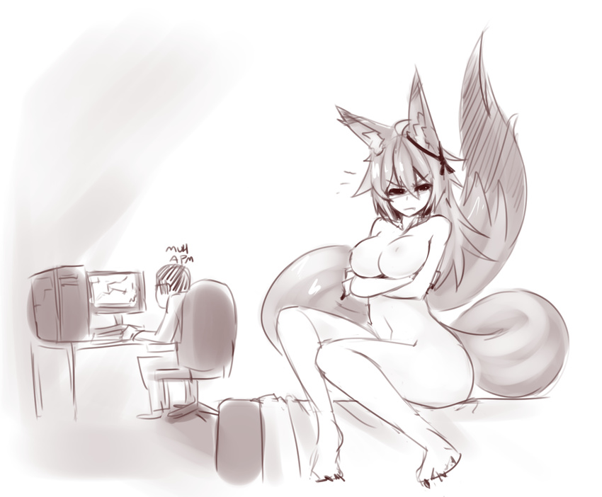 animal_humanoid bed breasts butt canine chair clothed clothing computer crossed_arms duo female fox fox_humanoid frown fully_clothed glare hair human humanoid inner_ear_fluff inside long_hair long_tail male mammal momo_(sub-res) monochrome nipples nude simple_background sitting sketch spooky_fox sub-res white_background