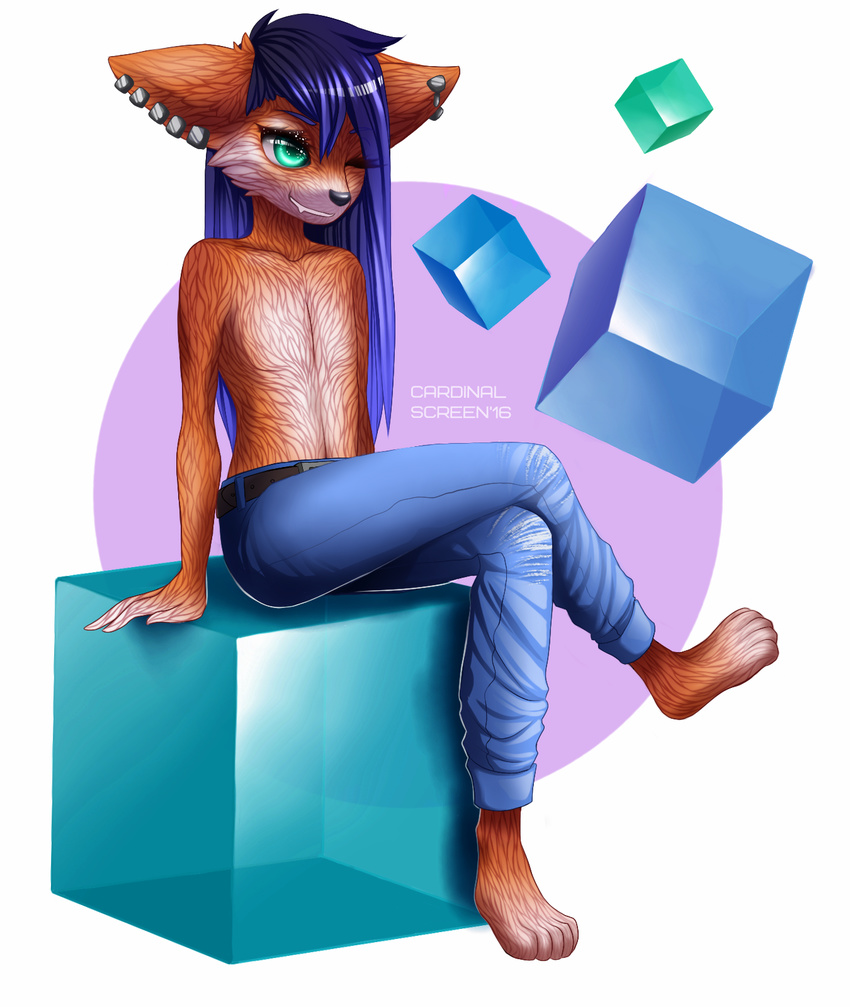 anthro canine cardinal_screen clothed clothing ear_piercing fox fur hair long_hair male mammal piercing sitting smile solo topless