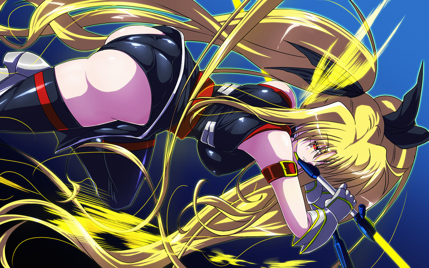 arched_back ass bardiche belt black_legwear black_leotard blonde_hair breasts closed_mouth commentary_request covered_nipples energy_blade fate_testarossa from_behind gauntlets hair_ribbon large_breasts leotard long_hair looking_back lyrical_nanoha magical_girl mahou_shoujo_lyrical_nanoha_strikers pelvic_curtain red_eyes reverse_grip ribbon shiny shiny_clothes shiny_hair shiny_skin sideways skin_tight solo tappa_(esperanza) thighhighs twintails very_long_hair