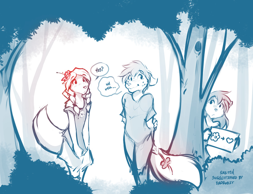 anthro blush canine clothing dialogue dress eats embarrassed english_text female flower male mammal monochrome natani pants plant shirt simple_background sketch skirt sweat text tom_fischbach tree twokinds webcomic wolf zen_(twokinds)
