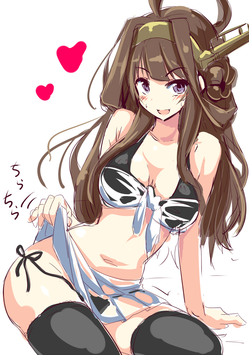 ahoge alternate_costume bare_shoulders bikini black_bikini black_legwear blush breasts brown_hair cleavage come_hither commentary_request double_bun hair_ornament hairband highres it's_ok_to_touch kantai_collection kongou_(kantai_collection) large_breasts long_hair looking_at_viewer natsu_(anta_tte_hitoha) naughty_face navel open_mouth side-tie_bikini simple_background sketch smile solo swimsuit thighhighs