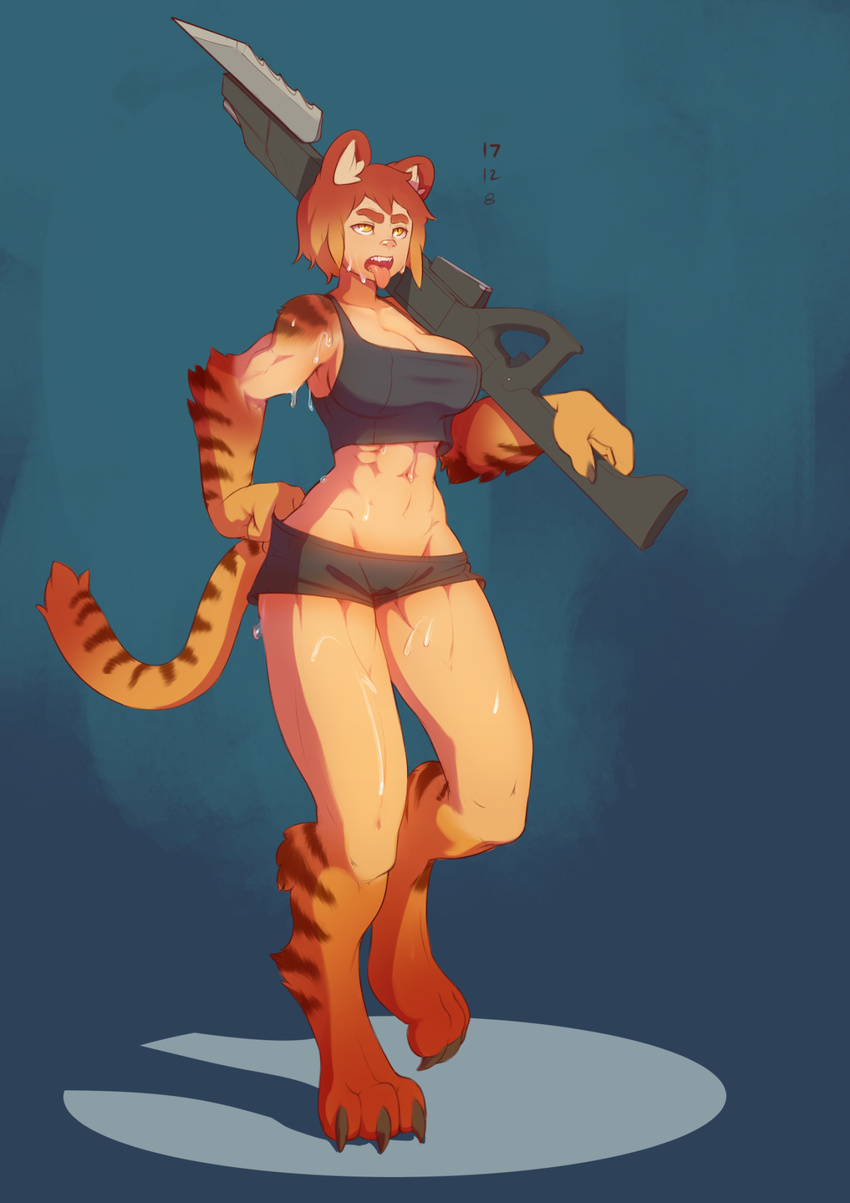 abs animal_humanoid barefoot big_breasts biggcuties breasts brown_hair cat_humanoid claws cleavage clothed clothing feline female gun hair humanoid mammal midriff orange_eyes orange_hair ranged_weapon solo sweat tiger tiger_humanoid toe_claws tongue tongue_out weapon