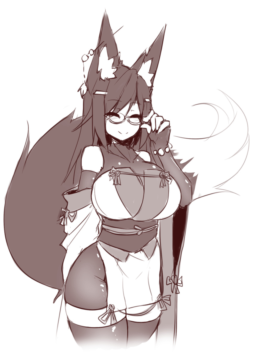 2016 animal_humanoid big_breasts big_tail bracelet breasts canine clothing ear_piercing eyes_closed eyewear female fox fox_humanoid glasses hair hairclip huge_breasts huge_tail humanoid inner_ear_fluff japanese_clothing jewelry kiri_(sub-res) legwear long_hair mammal monochrome obi obijime piercing simple_background sketch smile solo standing sub-res thick_thighs thigh_highs tight_clothing white_background wide_hips