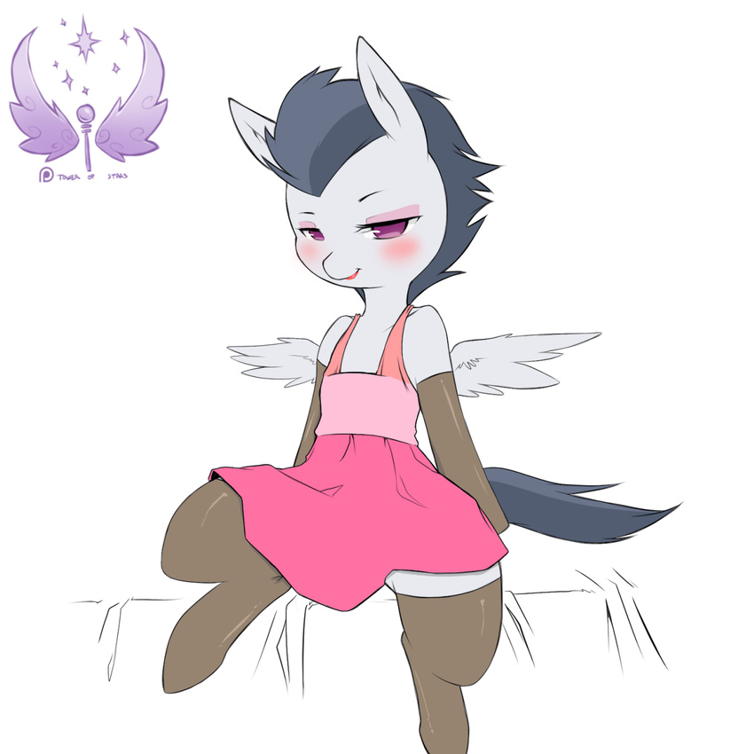 blush clothed clothing cold-blooded-twilight crossdressing equine eyeshadow feral friendship_is_magic fur girly grey_fur legwear lingerie lipstick looking_at_viewer makeup male mammal my_little_pony pegasus purple_eyes rumble_(mlp) sitting solo stockings wings