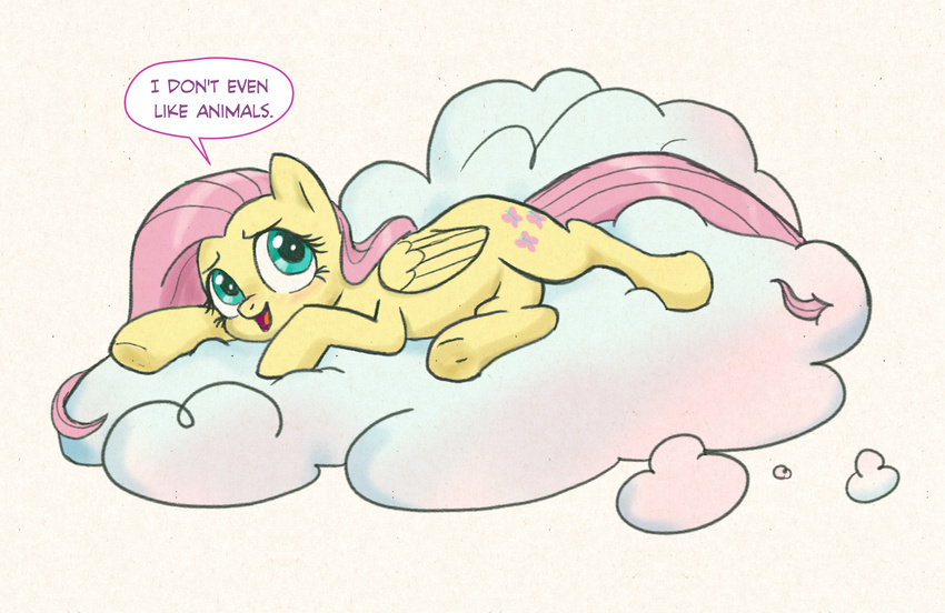 2017 cloud cutie_mark dialogue english_text equine female feral fluttershy_(mlp) friendship_is_magic hair lying mammal my_little_pony on_side open_mouth pegasus pencils_(artist) pink_hair simple_background solo text wings
