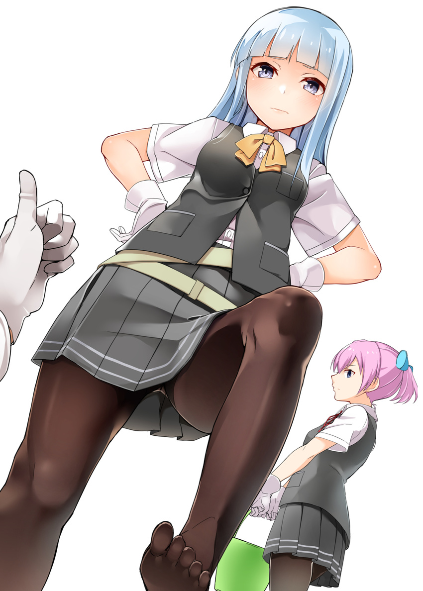 black_legwear blue_eyes blue_hair bow bowtie byte_(allbyte) commentary feet from_below gloves hands_on_hips hatsukaze_(kantai_collection) highres kantai_collection long_hair multiple_girls no_shoes pantyhose pink_hair pleated_skirt ponytail pov repair_bucket school_uniform shiranui_(kantai_collection) skirt stepped_on thumbs_up toes upskirt vest white_background white_gloves