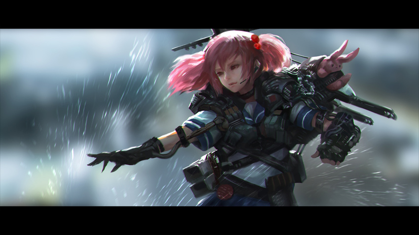 bacius blue_sky blurry bunny depth_of_field fingerless_gloves foreshortening gloves hair_bobbles hair_ornament headset holding holding_weapon kantai_collection letterboxed mecha_musume mechanical ocean outstretched_arm parted_lips pink_eyes pink_hair realistic rigging sailor_collar sazanami_(kantai_collection) school_uniform serafuku shadow shirt short_sleeves sidelocks skirt sky solo spray sunlight turret twintails upper_body weapon white_shirt