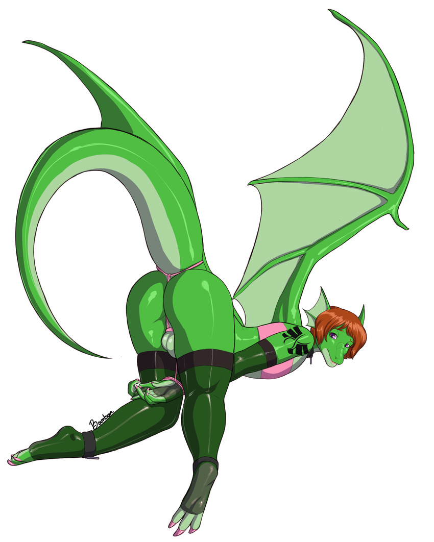 anthro ass_up balls bdsm bondage bound bourbon._(artist) butt clothed clothing crossdressing dragon hair legwear looking_at_viewer male solo stockings wings