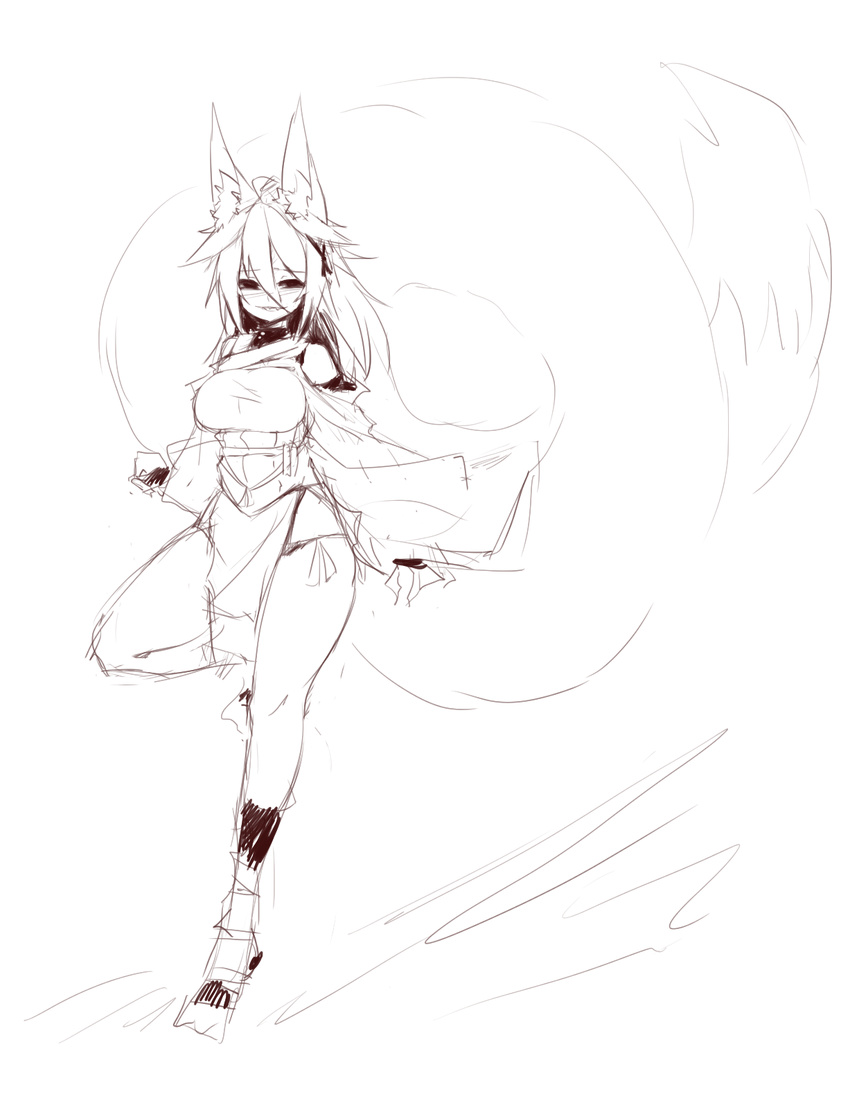 2016 animal_humanoid breasts canine clothed clothing female fox fox_humanoid fully_clothed hair half-closed_eyes humanoid inner_ear_fluff japanese_clothing long_hair long_tail looking_at_viewer mammal momo_(sub-res) monochrome simple_background sketch smile solo spooky_fox standing sub-res white_background wide_hips