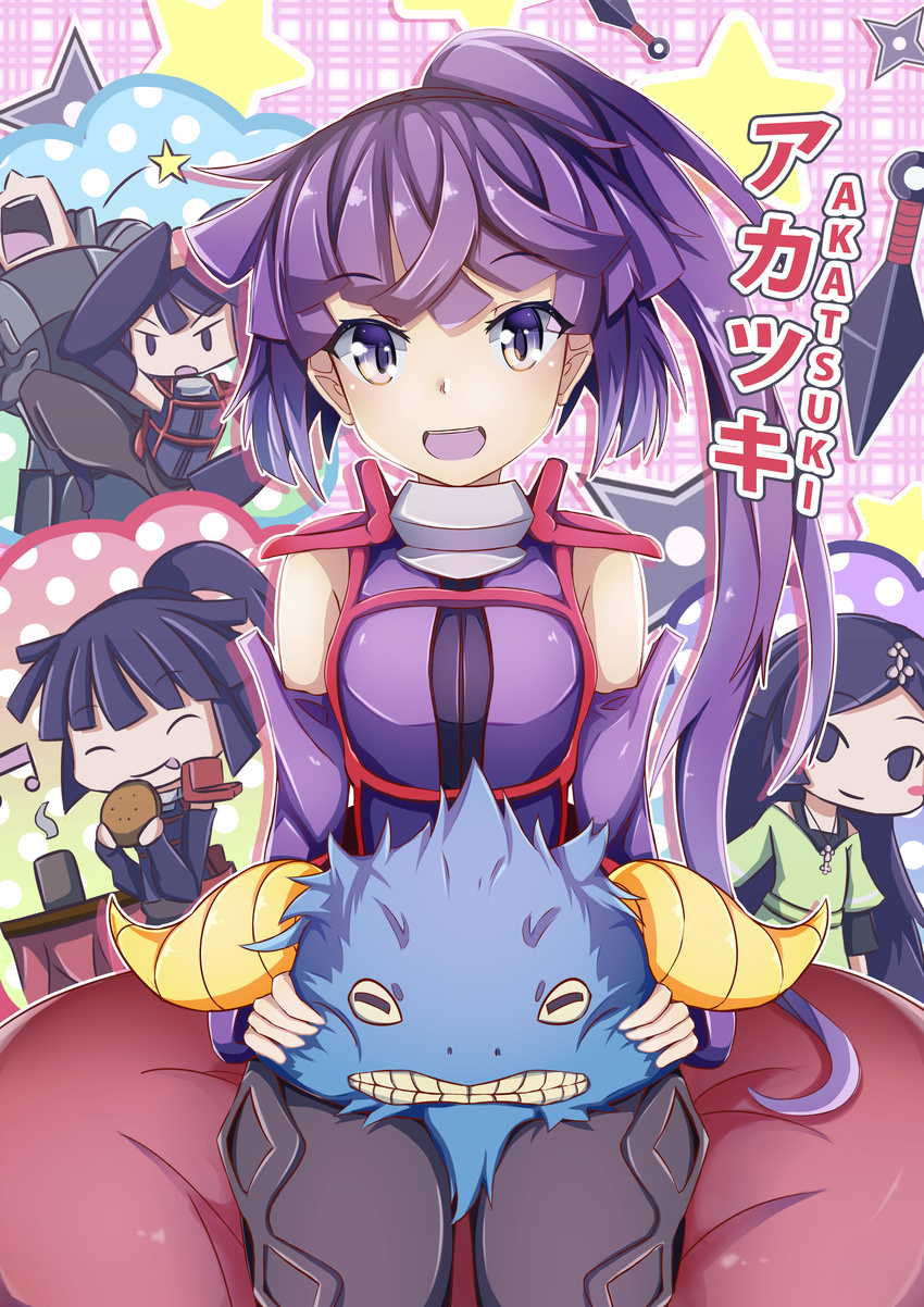 1girl :q absurdres akatsuki_(log_horizon) arm_up black_pants bread closed_eyes detached_sleeves eyebrows_visible_through_hair food grey_eyes hair_ornament high_ponytail highres holding invisible_chair jewelry kicking log_horizon long_hair looking_at_viewer melon_bread necklace open_mouth pants purple_hair shiny shiny_skin side_ponytail sitting sleeveless sylphine tongue tongue_out
