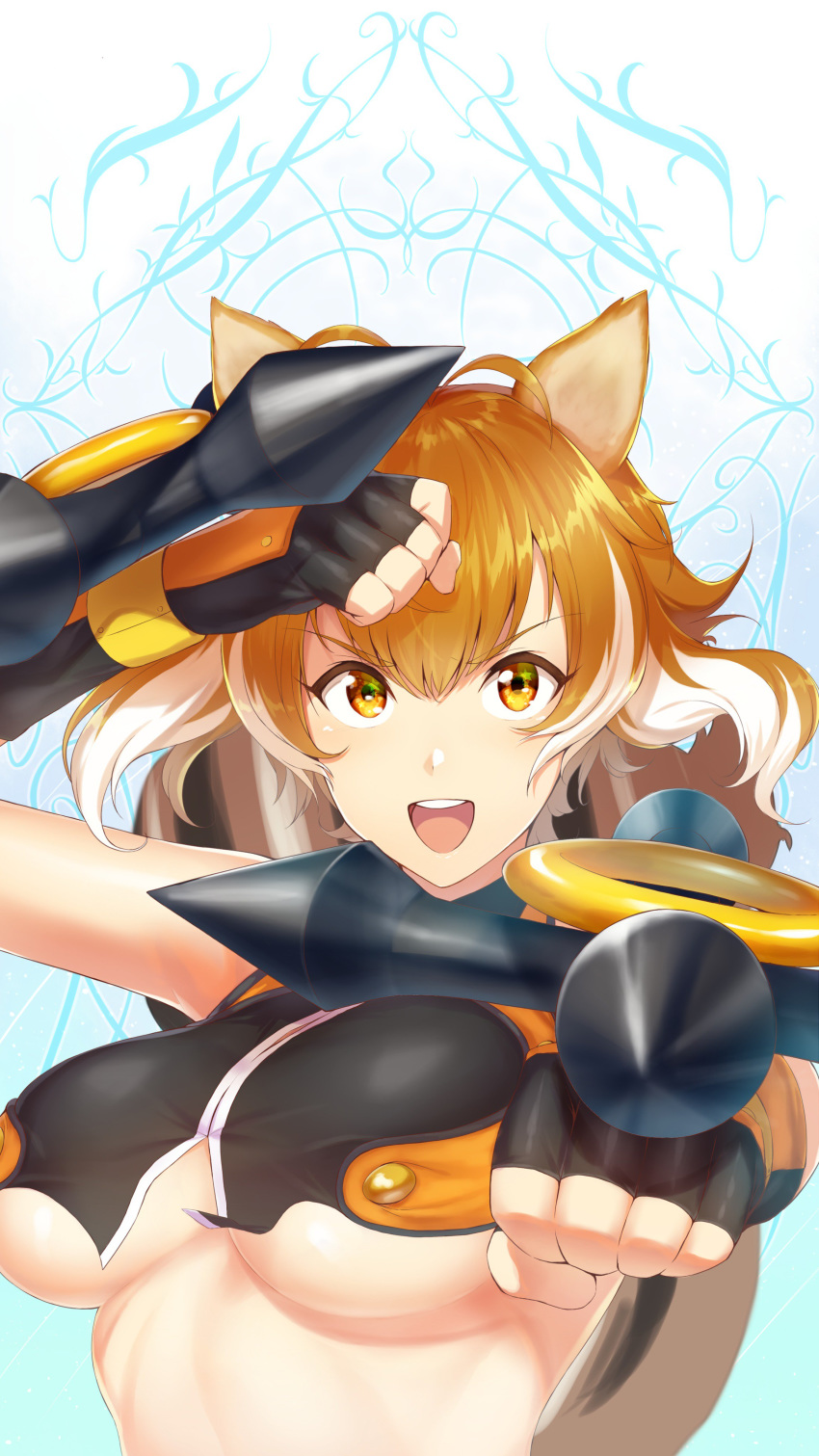 1girl :d absurdres animal_ears antenna_hair blazblue breasts brown_eyes brown_hair cowboy_shot crop_top dual_wielding eyebrows_visible_through_hair fingerless_gloves gloves highres holding large_breasts looking_at_viewer makoto_nanaya multicolored_hair open_mouth purinnssu revealing_clothes serious short_hair simple_background smile solo squirrel_ears squirrel_girl squirrel_tail tail tonfa two-tone_hair underboob upper_body v-shaped_eyebrows weapon