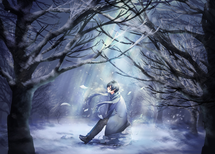 bare_tree black_hair blue_coat blue_scarf coat commentary_request forest long_sleeves looking_up male_focus moonbeam moonlight nature night original outdoors pants paper paper_stack parted_lips profile scarf sitting snow solo tree wind winter yamabuki_kanon