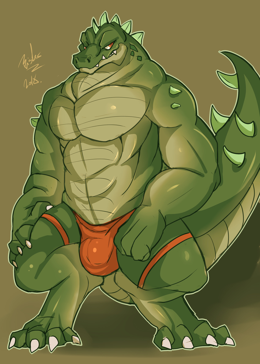 &lt;3 2016 bristles bulge clothing crocodile crocodilian dragon looking_at_viewer male muscular red_eyes reptile scalie solo underwear