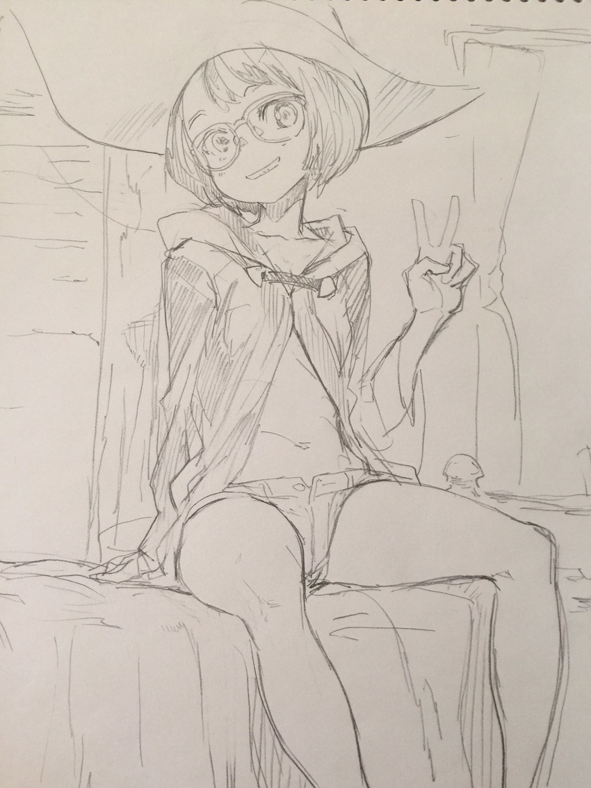 bed glasses graphite_(medium) hat highres little_witch_academia midriff monochrome navel nekoi_mie short_hair short_shorts shorts sitting sketch smile solo traditional_media v witch_hat