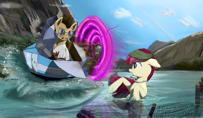 blue_eyes brown_fur brown_hair clothed clothing day discordthege doctor_whooves_(mlp) duo equine female feral friendship_is_magic fur green_eyes hair male mammal my_little_pony outside partially_submerged rose_(mlp) sky water white_fur