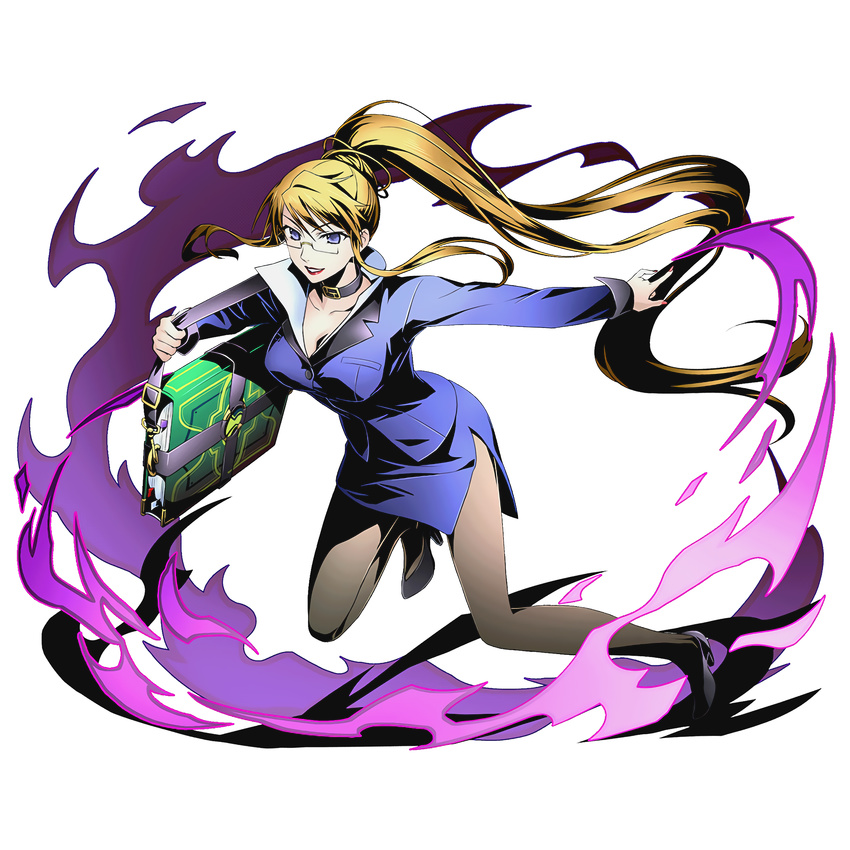 absurdly_long_hair alpha_transparency blonde_hair blue_eyes blue_shirt blue_skirt book breasts choker cleavage collarbone divine_gate floating_hair full_body glasses high_heels high_ponytail highres large_breasts lipstick long_hair makeup marchosias margery_daw nail_polish official_art outstretched_arm pantyhose red_lipstick red_nails shakugan_no_shana shirt skirt smile solo transparent_background ucmm very_long_hair