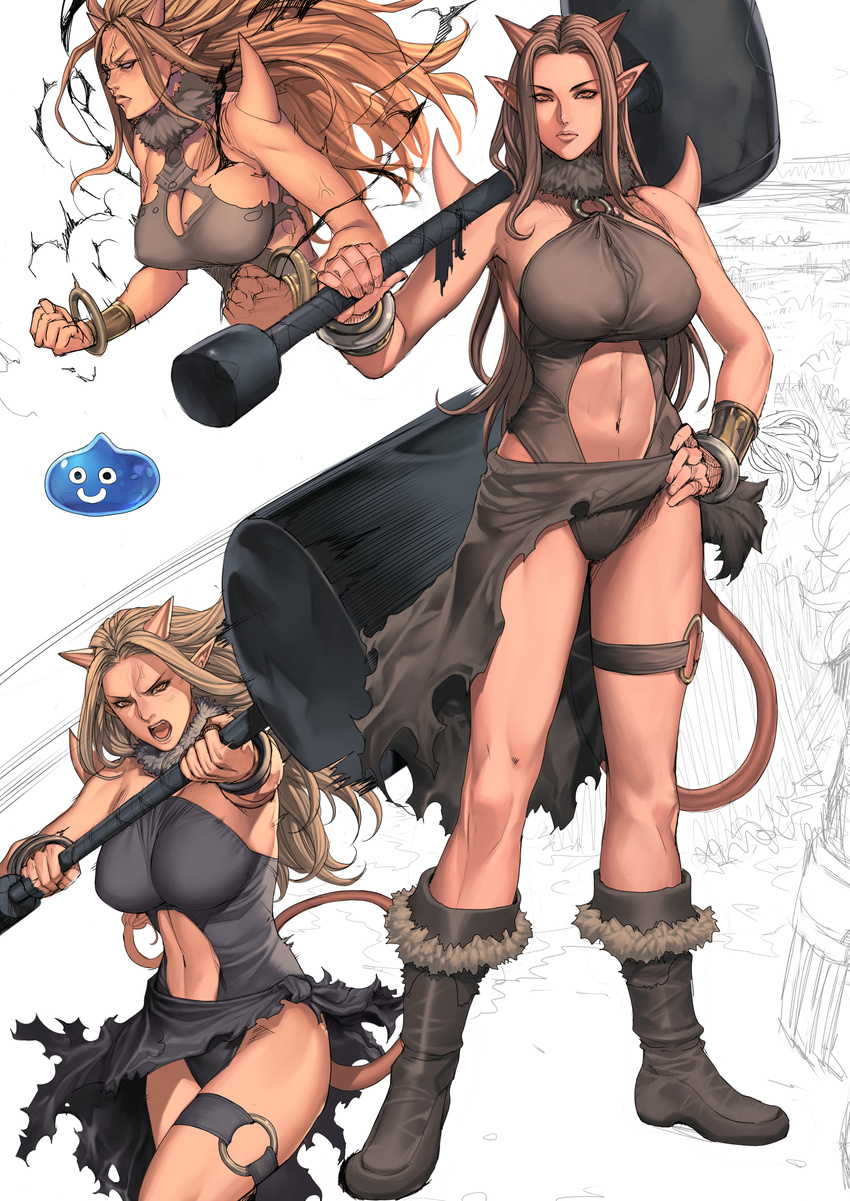 absurdres anger_vein boots breasts brown_hair covered_nipples dragon_quest dragon_quest_x hammer highres horns huge_weapon jewelry large_breasts long_hair monster_girl navel o-ring o-ring_top oda_non ogre_(dq10) pointy_ears red_eyes sketch slime_(dragon_quest) spikes tail thighs weapon