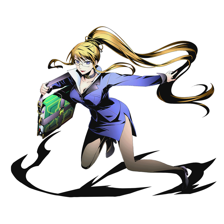 absurdly_long_hair alpha_transparency blonde_hair blue_eyes blue_shirt blue_skirt book breasts choker cleavage collarbone divine_gate floating_hair full_body glasses high_heels high_ponytail highres large_breasts long_hair marchosias margery_daw nail_polish official_art pantyhose red_nails shadow shakugan_no_shana shirt skirt solo transparent_background ucmm very_long_hair