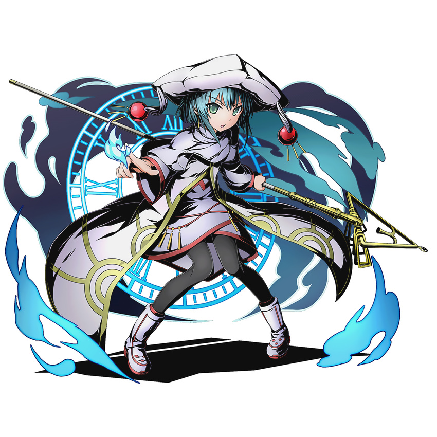 alpha_transparency black_legwear blue_hair divine_gate dress eyebrows_visible_through_hair full_body green_eyes hat hecate highres holding holding_weapon looking_at_viewer official_art open_mouth pantyhose shadow shakugan_no_shana short_hair solo transparent_background ucmm weapon