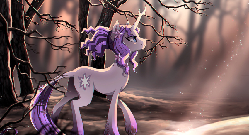 cutie_mark day detailed_background equine fan_character female feral hair hooves horn mammal my_little_pony nude purple_hair ruhje smile solo standing unicorn