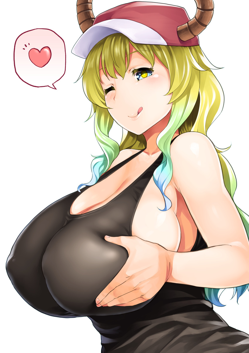 ;q aaru_(tenrake_chaya) breasts covered_nipples gradient_hair heart highres horns huge_breasts impossible_clothes impossible_shirt kobayashi-san_chi_no_maidragon licking_lips long_hair multicolored_hair one_eye_closed quetzalcoatl_(maidragon) shirt sideboob simple_background solo speech_bubble spoken_heart tongue tongue_out upper_body white_background