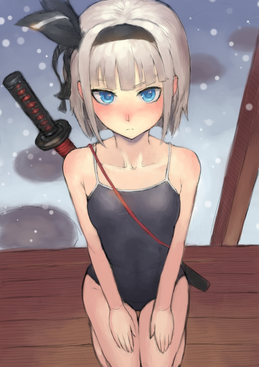 bad_id bad_pixiv_id bangs bare_shoulders black_hairband blue_eyes blue_swimsuit blunt_bangs blush closed_mouth collarbone competition_school_swimsuit desuka_(sasadango6) ear_blush flat_chest from_above groin hair_ribbon hairband hands_on_lap highres katana konpaku_youmu looking_at_viewer nose_blush one-piece_swimsuit ribbon scabbard school_swimsuit seiza sheath sheathed short_hair shoulder_blush silver_hair sitting snow snowing solo spaghetti_strap swimsuit sword thigh_gap touhou veranda weapon weapon_on_back wooden_floor