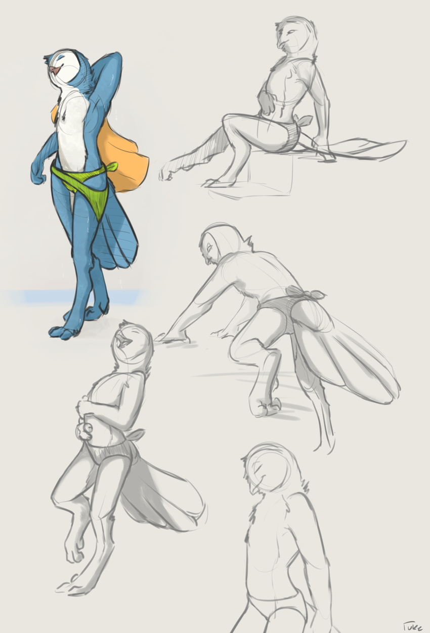 avian barefoot bird casey_(tuke) clothed clothing crouching drying feathers front_view laugh male multiple_poses owl pose rear_view sitting sketch_page smile speedo standing swimsuit tail_feathers topless towel tuke wiping
