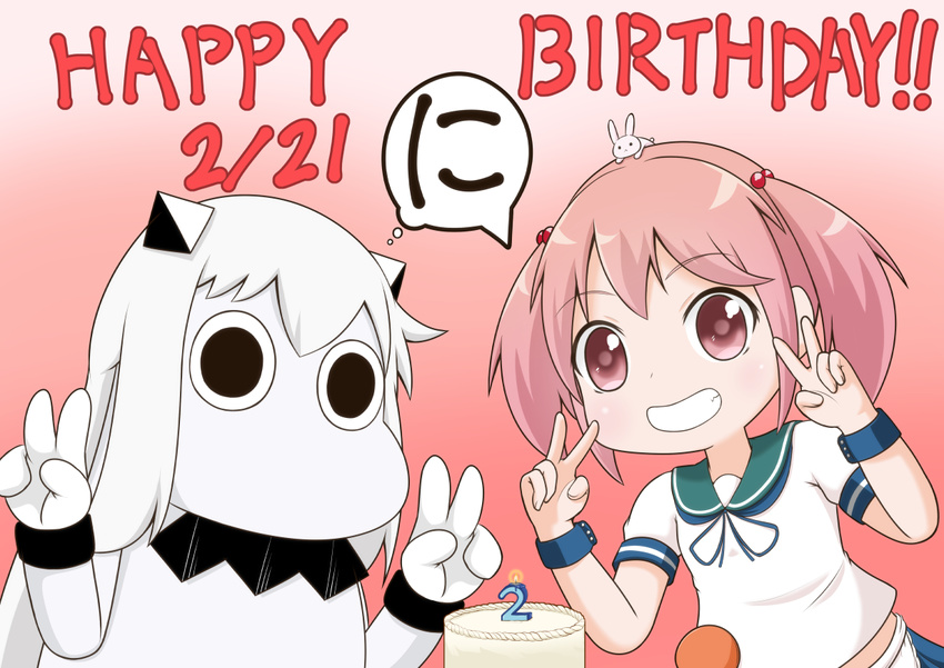 2girls animal animal_on_head arms_up birthday_cake bunny cake candle commentary double_v food grin hair_bobbles hair_ornament happy_birthday horns kantai_collection long_hair looking_at_viewer midriff moomin moomintroll multiple_girls muppo northern_ocean_hime on_head pink_background pink_eyes pink_hair sazanami_(kantai_collection) sazanami_konami school_uniform serafuku shinkaisei-kan short_sleeves sidelocks skirt smile translated twintails upper_body v white_hair wristband