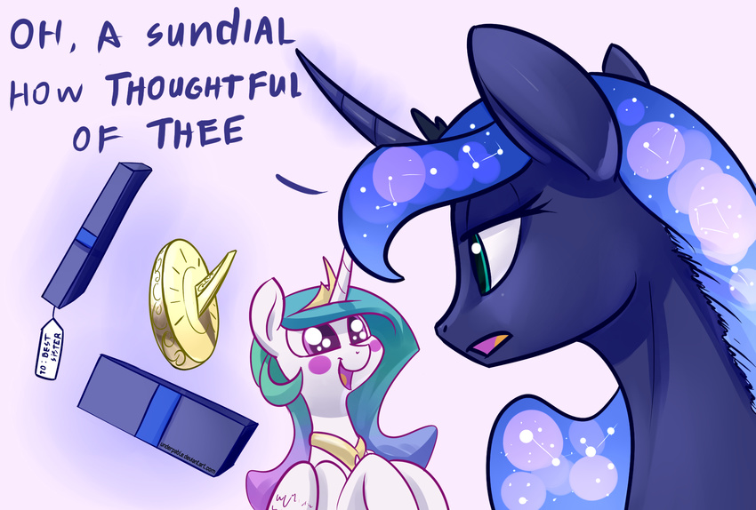 blue_eyes cosmic_hair duo english_text equine female feral friendship_is_magic hooves horn mammal my_little_pony open_mouth princess_celestia_(mlp) princess_luna_(mlp) simple_background smile text tongue underpable white_background winged_unicorn wings