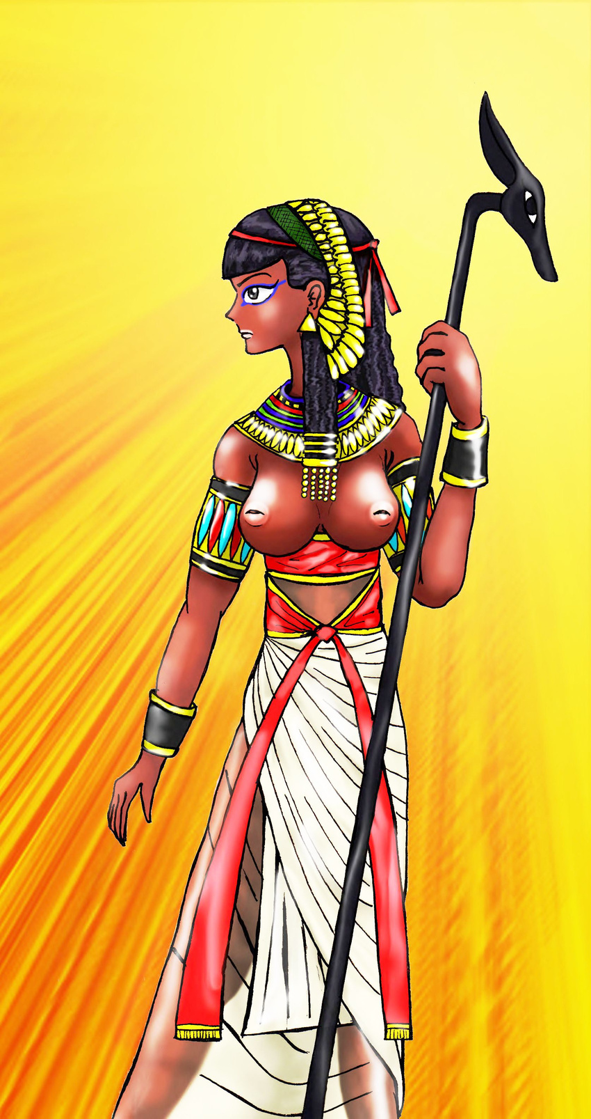 1girl ancient_egypt armlet artist_request black_hair breasts dark_skin egyptian eyeshadow female long_hair original solo staff