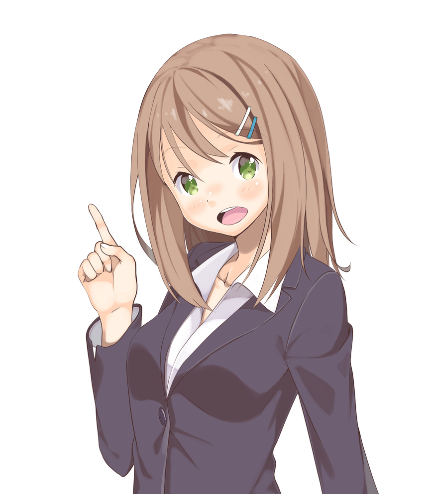 absurdres bangs blush breasts brown_hair collarbone collared_shirt commentary_request dress_shirt eyebrows_visible_through_hair formal green_eyes hair_ornament hairclip hand_up highres index_finger_raised long_hair looking_at_viewer maechuu medium_breasts open_mouth original shirt simple_background smile solo suit teeth upper_body white_background white_shirt wing_collar