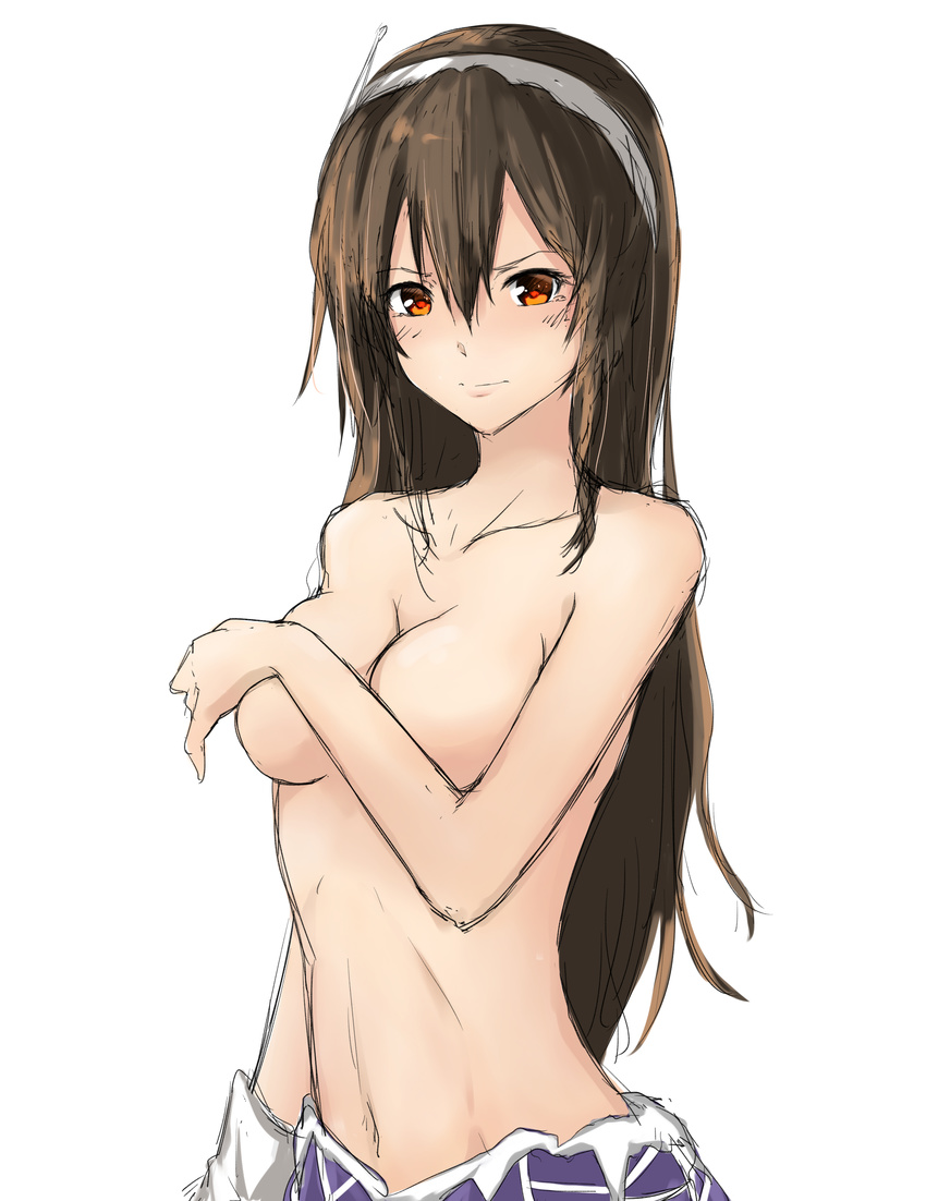 absurdres ashigara_(kantai_collection) blush breast_hold breasts brown_hair cleavage covering covering_breasts groin headband highres kantai_collection long_hair medium_breasts navel partially_undressed raidensan red_eyes sketch solo white_background