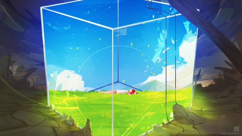 brown_hair cube erica_june_lahaie full_body grass hair_ribbon highres leaf lying on_back red_hair ribbon rin_(shelter) road_sign shelter_(music_video) sign signature sky smile solo telephone_pole watermark web_address wire