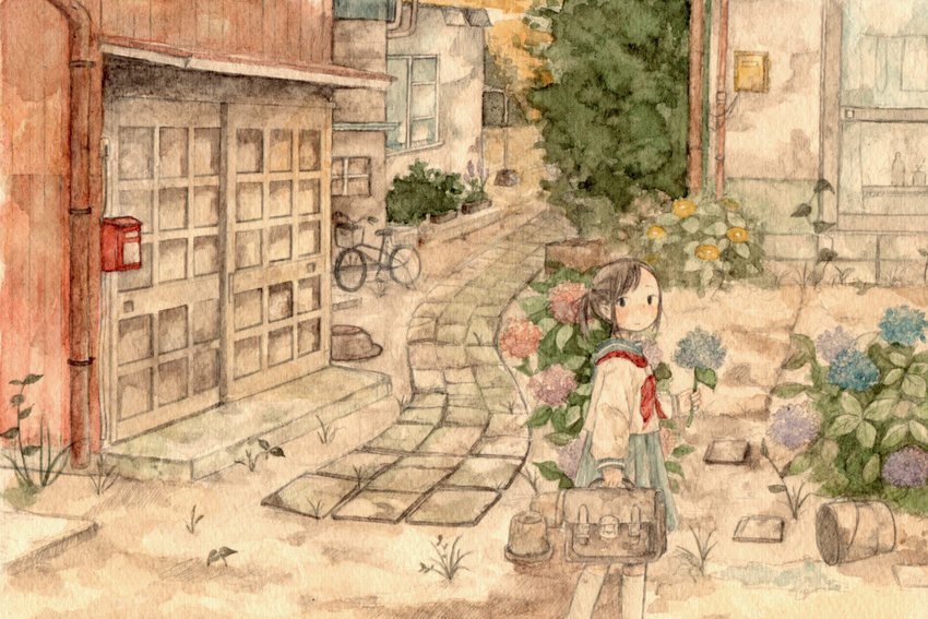 1girl backpack bike brown_hair chyoma mailbox original school_uniform solo standing tagme