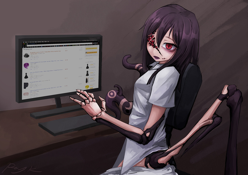 ageha_(ray-k) amazon_(company) artist_name black_hair commentary hair_between_eyes long_hair looking_at_viewer monitor monster_girl multiple_pupils open_mouth original ray-k red_eyes shirt sidelocks signature slit_pupils solo table tentacles white_shirt