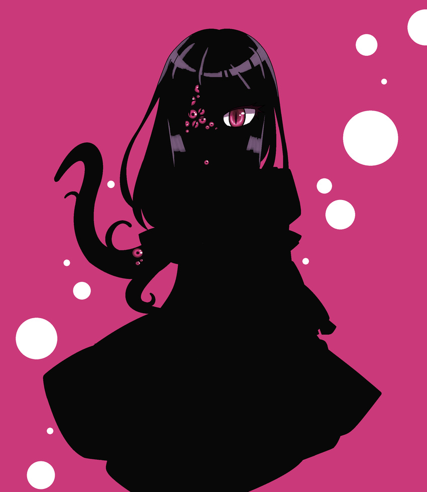 absurdres ageha_(ray-k) borrowed_character dress extra_eyes highres houshin_usagi long_hair looking_at_viewer multiple_pupils original pink_background red_eyes shiny shiny_hair silhouette simple_background slit_pupils solo tentacles