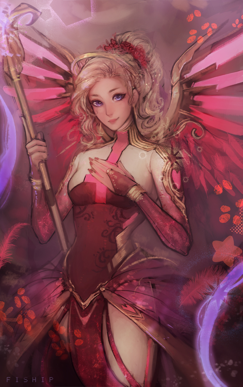 1girl abstract_background adapted_costume blonde_hair blue_eyes bodysuit breasts bridal_gauntlets commentary cowboy_shot curly_hair faulds flower glowing glowing_wings hair_flower hair_ornament hand_on_own_chest heart high_ponytail highres holding light_smile looking_at_viewer matilda_vin mechanical_halo mechanical_wings mercy_(overwatch) nail_polish overwatch pelvic_curtain pink_background pink_wings red_nails small_breasts solo spread_wings staff star wings