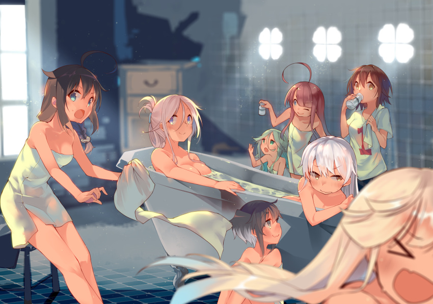 6+girls alternate_hairstyle amatsukaze_(kantai_collection) bath bathing bathroom black_hair blonde_hair blue_eyes blush bottle braid breasts brown_eyes brown_hair character_request chig closed_mouth eyebrows_visible_through_hair eyes_closed gradient_hair green_eyes green_hair hair_between_eyes hair_flaps hair_ornament hair_ribbon kantai_collection kawakaze_(kantai_collection) large_breasts long_hair medium_breasts messy_hair multicolored_hair multiple_girls naked_towel open_mouth ponytail red_hair ribbon shigure_(kantai_collection) shirt short_hair short_hair_with_long_locks side_ponytail sidelocks silver_hair single_braid small_breasts smile straight_hair tokitsukaze_(kantai_collection) towel umikaze_(kantai_collection) very_long_hair water white_hair white_shirt window yamakaze_(kantai_collection) yuudachi_(kantai_collection)