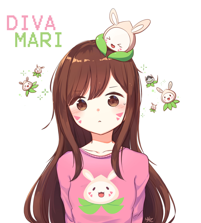 :&lt; bangs blush breasts brown_eyes brown_hair casual collarbone d.va_(overwatch) eyebrows_visible_through_hair facepaint facial_mark heacho head_tilt highres long_hair long_sleeves looking_at_viewer object_on_head overwatch pachimari pink_shirt print_shirt shirt simple_background small_breasts solo stuffed_animal stuffed_octopus stuffed_toy sweatdrop swept_bangs t-shirt upper_body whisker_markings white_background