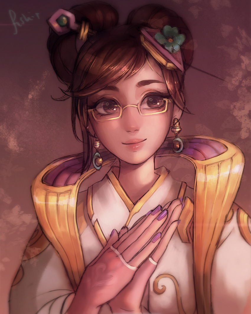 bad_id bad_tumblr_id brown_background brown_eyes brown_hair chang'e_mei chinese_clothes earrings flower glasses hair_flower hair_ornament hair_up hairpin hands_together highres jewelry jpeg_artifacts light_smile lips long_sleeves looking_at_viewer making_of matilda_vin mei_(overwatch) nail_polish overwatch purple_nails semi-rimless_eyewear signature solo under-rim_eyewear upper_body yellow-framed_eyewear