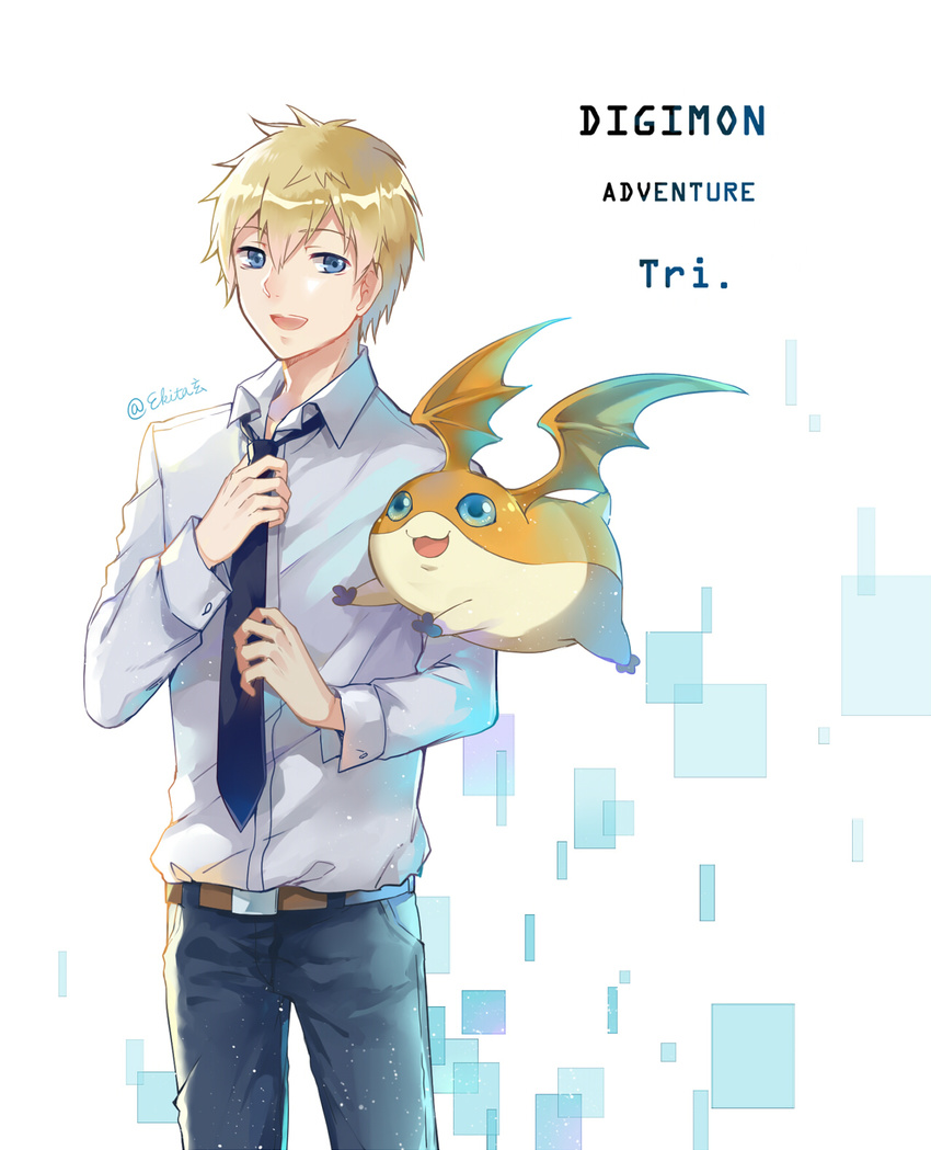 :d adjusting_clothes adjusting_necktie bad_id bad_pixiv_id belt black_neckwear black_pants blonde_hair blue_eyes collarbone copyright_name digimon digimon_adventure digimon_adventure_tri. dress_shirt ekita_xuan eyebrows_visible_through_hair flying highres looking_at_viewer male_focus necktie odaiba_middle_school_uniform open_mouth pants patamon shirt simple_background smile solo standing takaishi_takeru white_background white_shirt