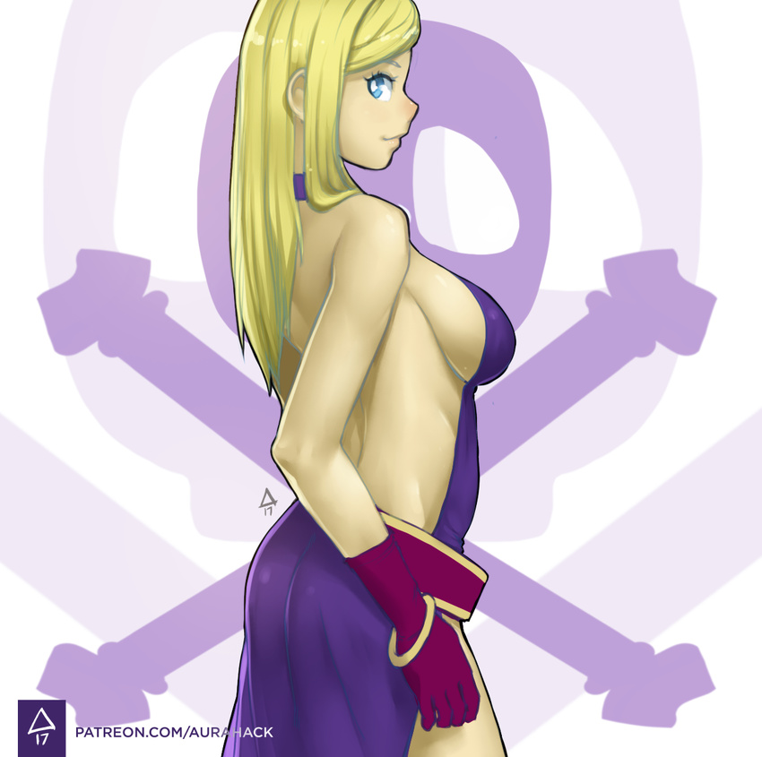 arched_back backless_dress backless_outfit blonde_hair blue_eyes bonne_jenet bracelet breasts dress erica_june_lahaie fatal_fury from_side gloves halterneck highres jewelry large_breasts long_hair mark_of_the_wolves profile purple_dress purple_gloves sideboob signature skull_and_crossbones smile snk solo watermark web_address