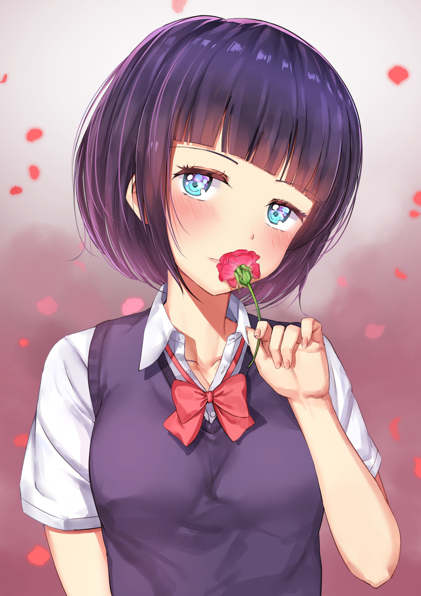 bangs blue_eyes blunt_bangs blurry blurry_background blush bob_cut bow bowtie depth_of_field fingernails flower hachinatsu head_tilt highres holding holding_flower kuzu_no_honkai looking_at_viewer petals red_bow red_neckwear school_uniform short_hair short_sleeves smelling solo sweater_vest upper_body wing_collar yasuraoka_hanabi