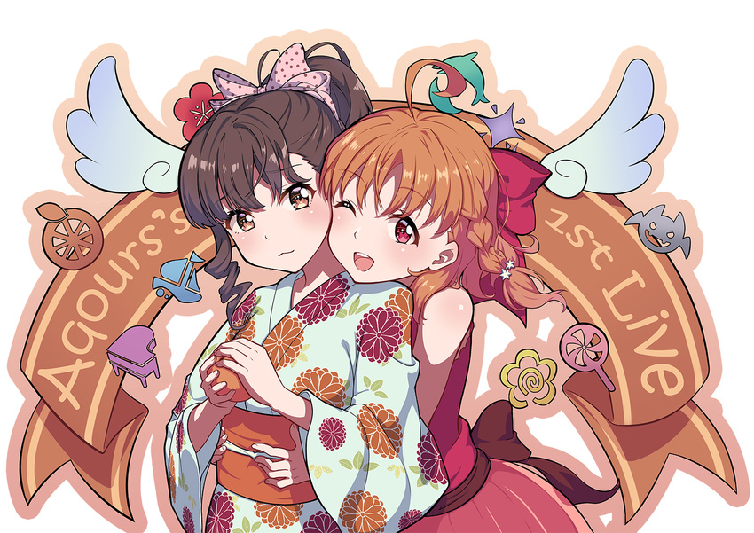 :3 ;d ahoge bangs bow braid brown_eyes brown_hair commentary_request floral_print flower food fruit hair_bow hair_ornament holding holding_food holding_fruit hug hug_from_behind inami_anju japanese_clothes kimono kohaku_(ambermoe) looking_at_viewer love_live! love_live!_sunshine!! mandarin_orange multiple_girls obi one_eye_closed open_mouth orange_hair pink_skirt polka_dot polka_dot_bow red_eyes sash seiyuu seiyuu_connection side_braid sidelocks skirt sleeveless smile star star_hair_ornament takami_chika wide_sleeves yukata yume_de_yozora_wo_terashitai