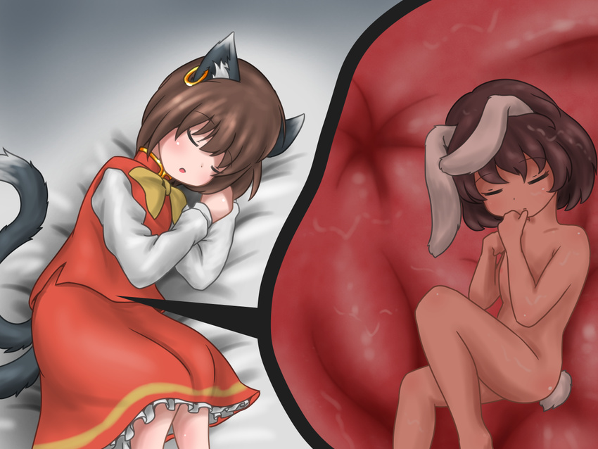 animal_ears bed brown_hair bunny_ears bunny_tail cat_ears cat_tail chen inaba_tewi jewelry minigirl multiple_girls multiple_tails nekomata nude single_earring sleeping tail touhou two_tails unbirthing uterus vostok_(vostok061) yuri