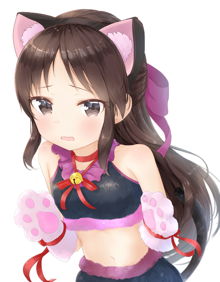 animal_ears bell black_eyes black_hair blush bow breasts cat_ears cat_paws commentary_request hair_bow highres idolmaster idolmaster_cinderella_girls jingle_bell kashiwamochi_roko long_hair looking_at_viewer navel open_mouth paws ribbon simple_background small_breasts solo tachibana_arisu white_background